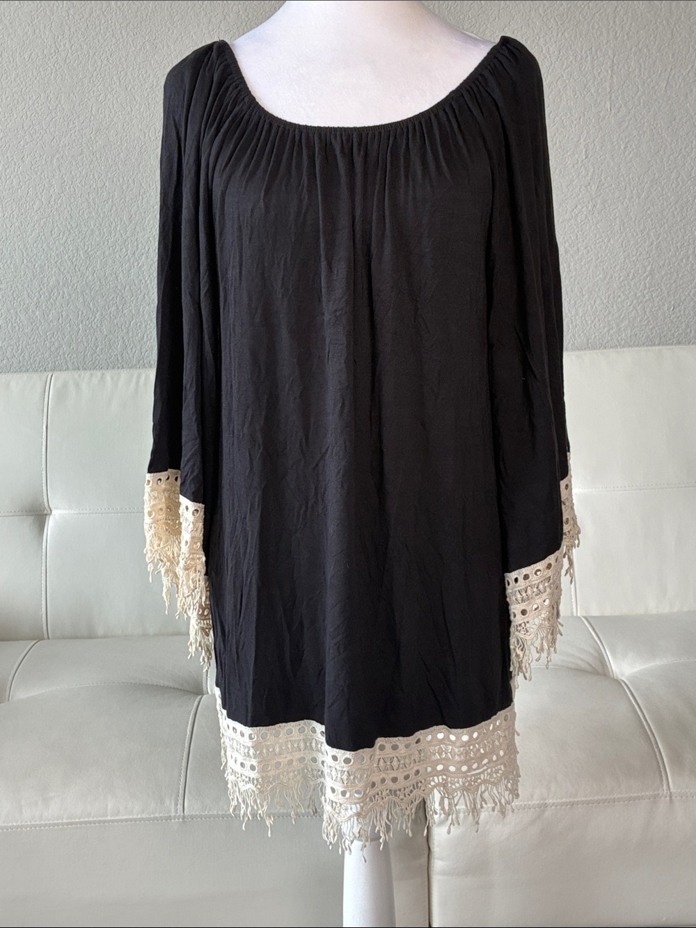 Black Tunic Top with Cream Crochet Trim by R.Rouge